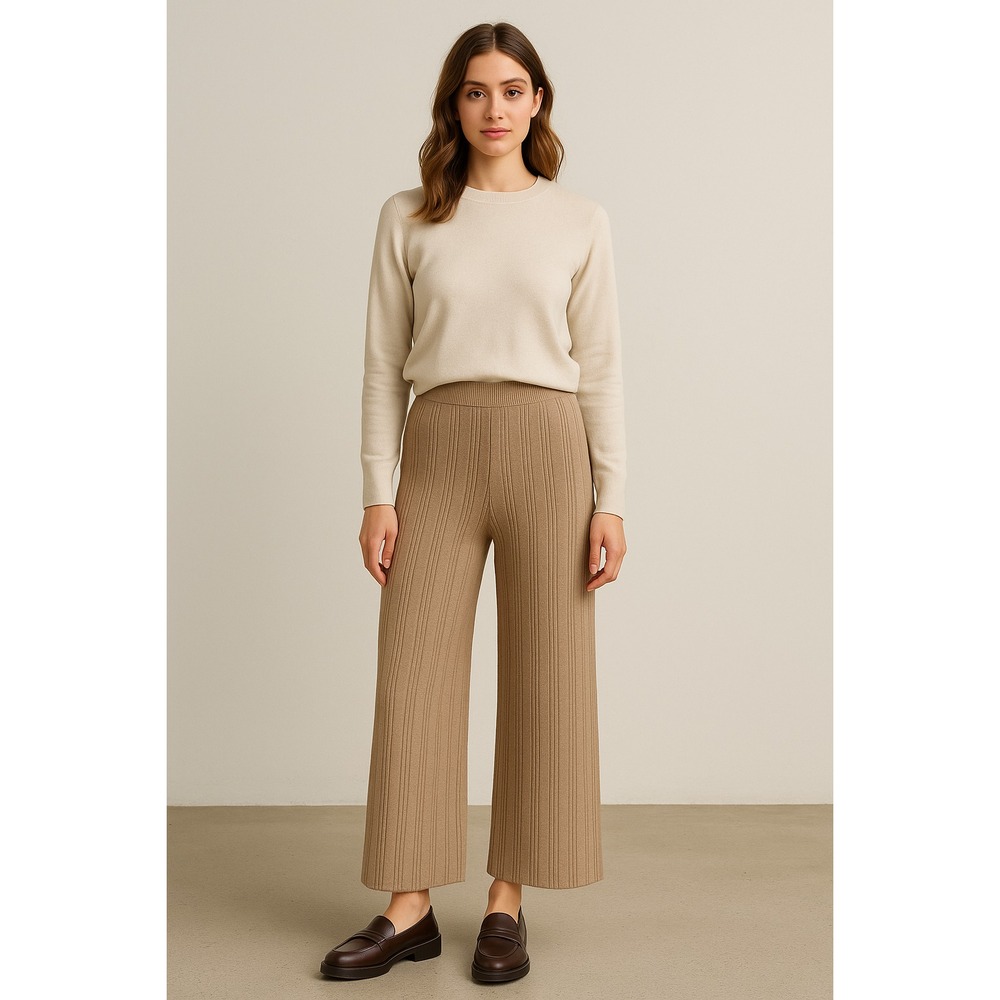 Petal‎ & Pup Wide Leg Knit Pants Tan Large Ribbed Pull On Lounge Minimalist Soft